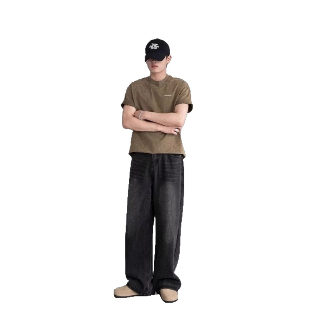 Vintage Wide-Leg Jeans for Men Relaxed Fit Distressed Denim Pants Washed Cotton Blend Mid-Rise Streetwear Staple_viptrois.com