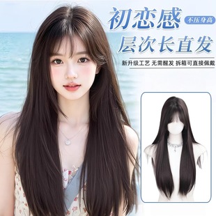 Wig for Women with Medium and Long Hair, Natural Full Headband, Artificial Hair, Daily Natural Bangs, Long Straight Full Bangs Wig Set