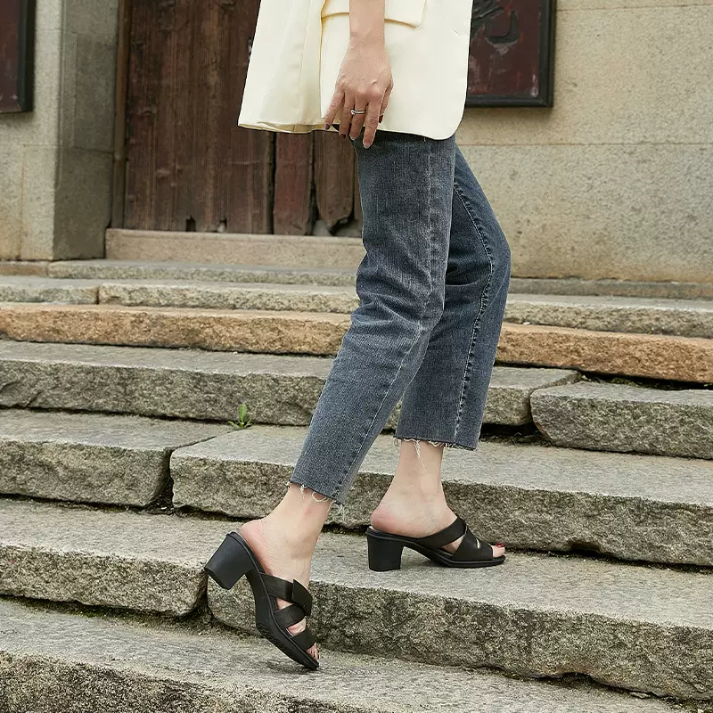 羊皮高跟拖鞋女款出门外穿气质真皮凉拖夏季手工复古小个子半拖