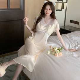 带胸垫冰丝睡裙短袖睡衣女士夏季性感蕾丝V领冰雪丝仿真丝家居服