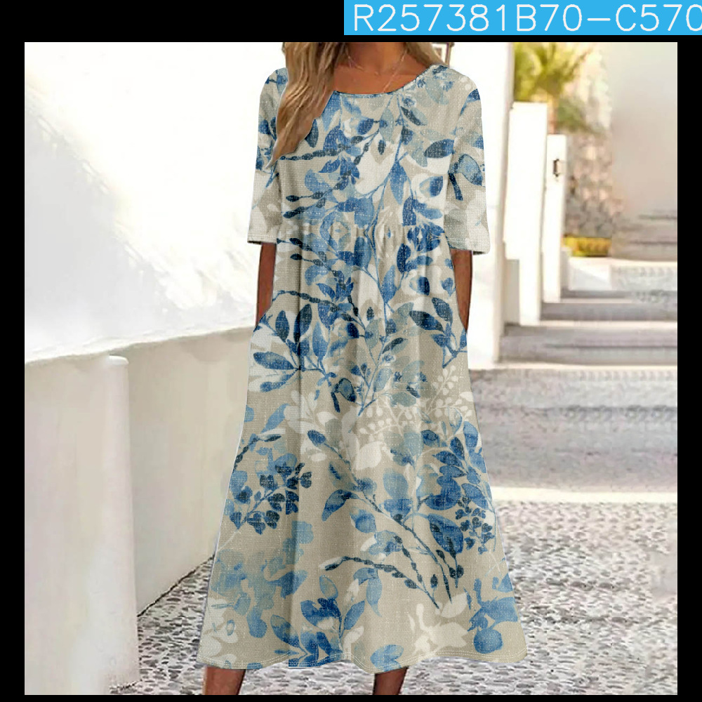Women's Mid-Waist Summer Casual Round Neck Printed Flared Dress_ecoleips.com