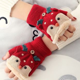 Spring and Summer new Christmas elk fleece-lined thickened half finger gloves male and female students Children Outdoor writing flip gloves