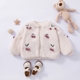 Girls' Outwears 2024 New Autumn and Winter Clothing Princess Baby Girl Warm Fleece-Lined Thickeneded Tops Fashionable Cherry Sweater