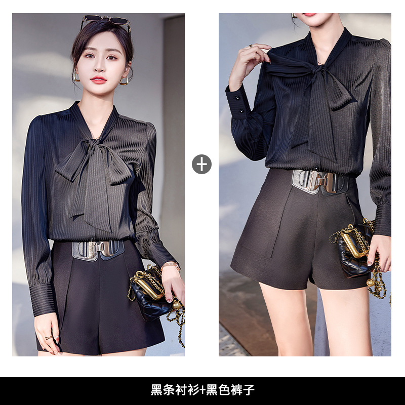 Black striped shirt + black shorts KY811