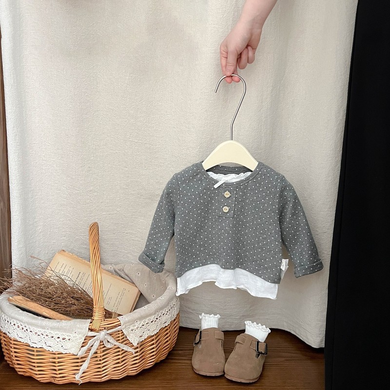 韩版女宝宝假两件波点上衣婴儿新款花边拼接屁帘宽松直筒裤两件套|undefined