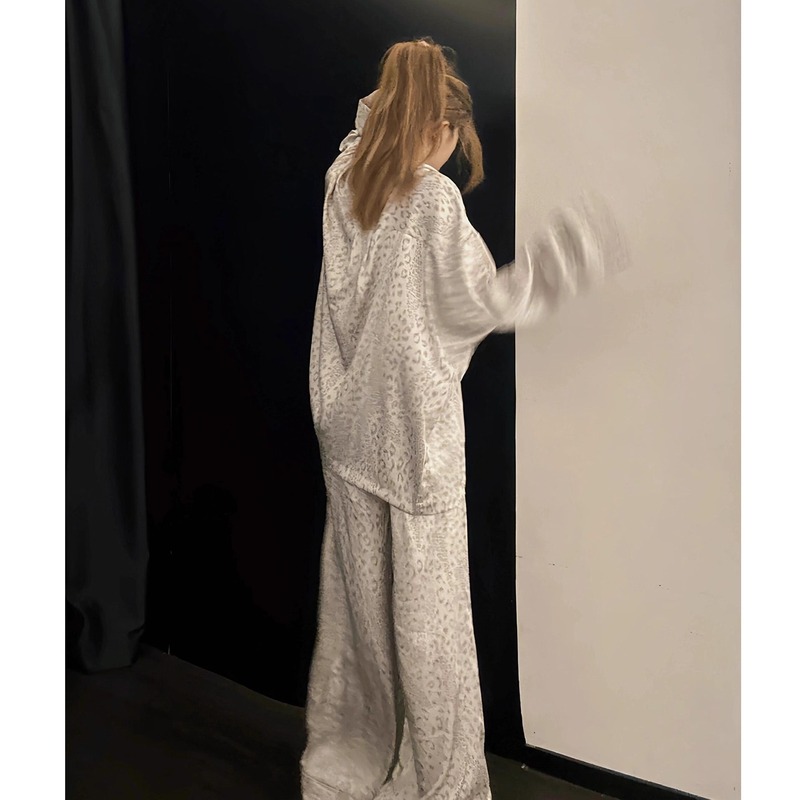 韩系高级感豹纹缎面冰丝睡衣女秋季新款大码长袖长裤家居服两件套|undefined