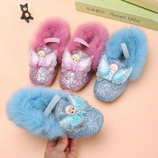 Aisha Mao Mao shoes girls Korean real rabbit fur princess shoes Frozen children's cotton shoes little girl fleece-lined leather shoes