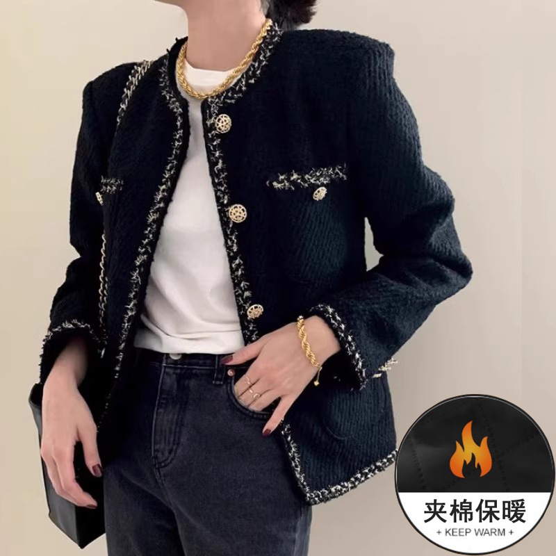 Black Tweed Street Retro Suit Jacket New Women's Autumn and Winter Small Fragrant Quilted Warm Short Top