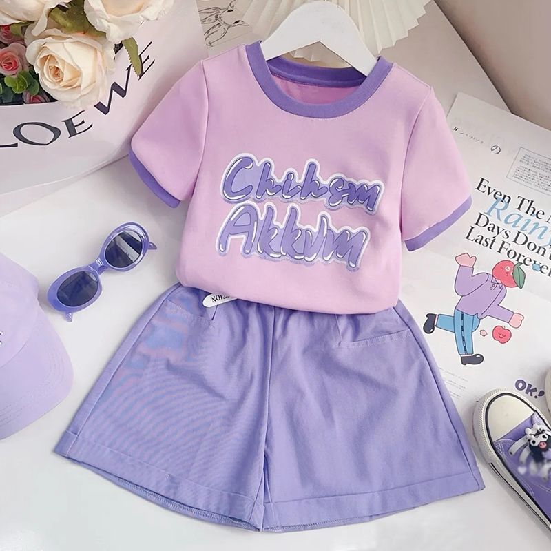 女宝卡通果冻体印花俏皮可爱短袖套装中大童夏季新款撞色两件套潮