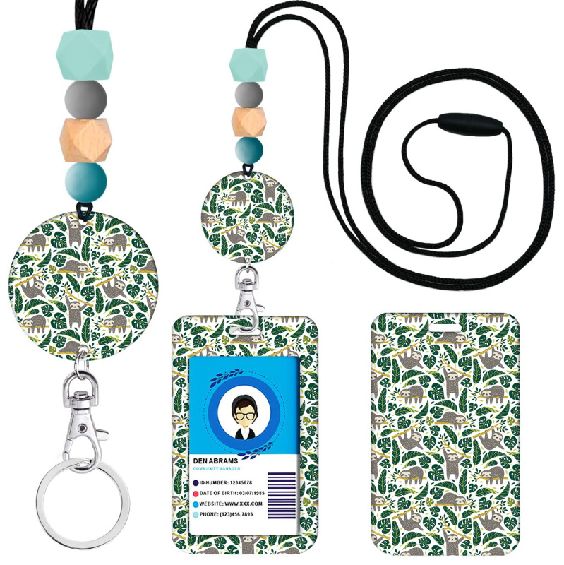 Cute Sloth Acrylic Pendant Beaded String Lanyard pvc Color Dog Footprint Printing Certificate Card Holder