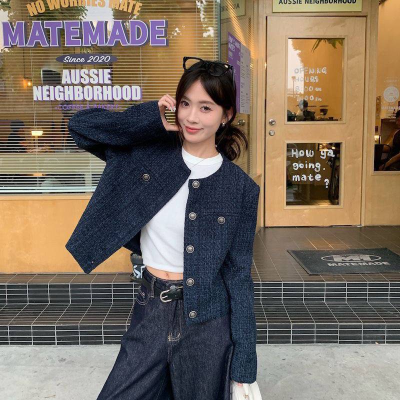 藏蓝色短款小香风外套女2025秋冬季单排复古新款高级宽松长袖上衣|undefined