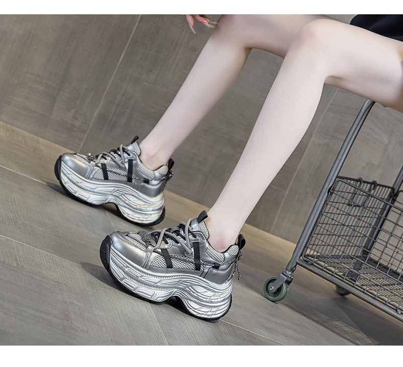 Giày sneaker nữ chunky đế dày phong cách Hàn Quốc, đính đá thời trang, phù hợp người thấp bé — M2803 màu xám, M2803 màu be chi tiết 11