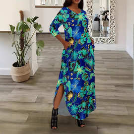 2025春秋欧美新款跨境亚马逊连衣裙设计感长袖印花两边侧开叉长裙