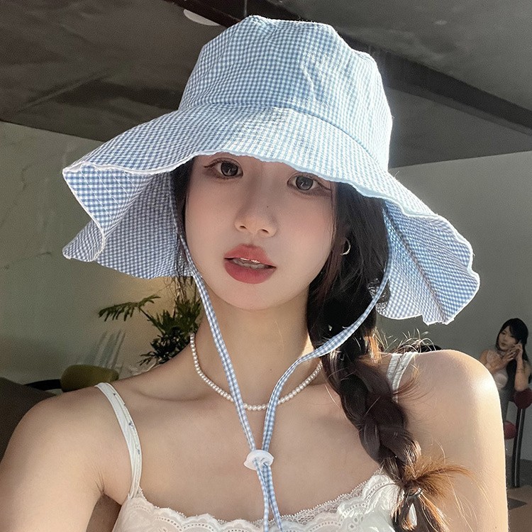 Korean-style Ins Small Checkered Large Brim Sun Protection Fisherman Hat For Women, Spring And Summer Casual Hiking Hat,_voghion.com