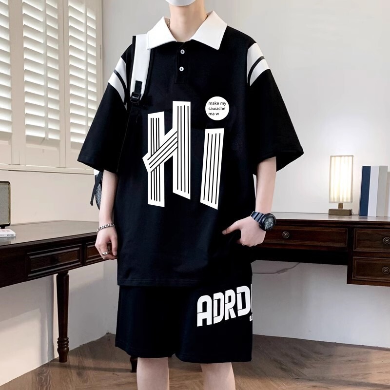 Korean Style Summer Men's Loose Casual Large Size Suit Versatile Polo Shirt Top Lapel Short-Sleeved Shorts Two-Piece Set Korean Style Summer Men's Loose Casual Large Size Suit Versatile Polo Shirt Top Lapel Short-Sleeved Shorts Two-Piece Set