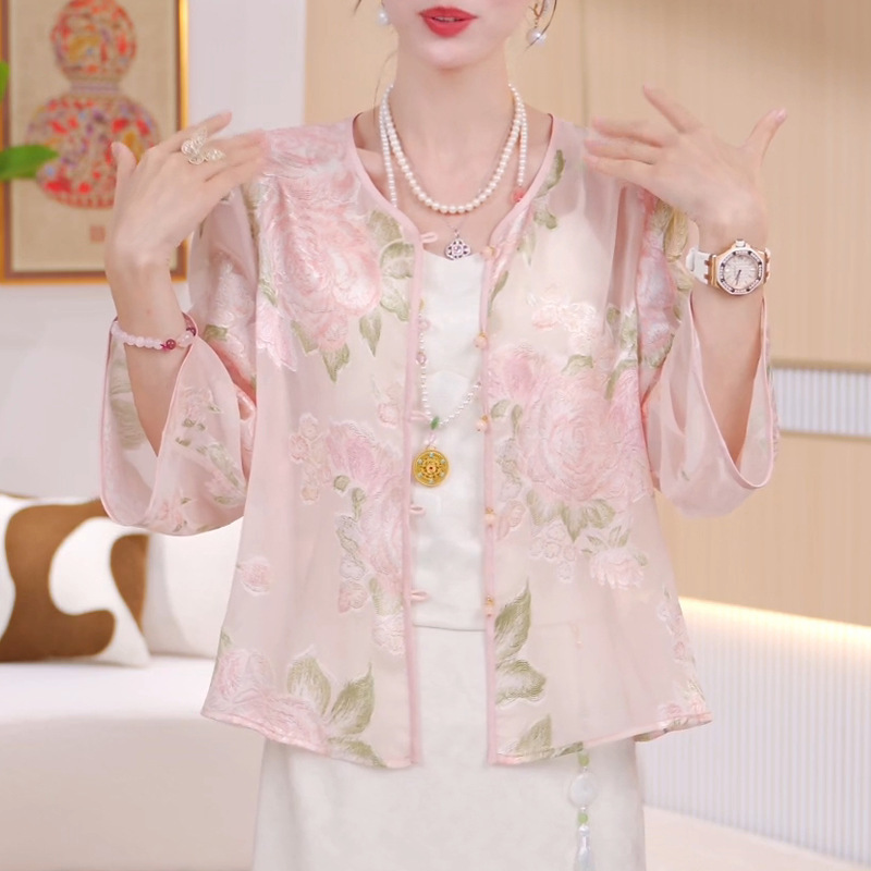 绝美新中式国风外套女夏季桑蚕丝薄款防晒开衫重工刺绣欧根纱上衣|undefined