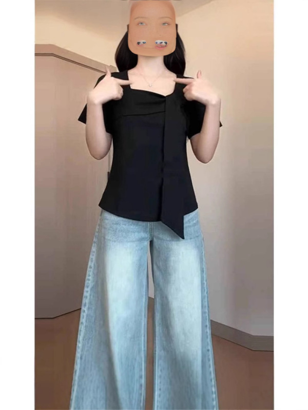 大きいサイズの純綿スクエアネック右肩半袖Tシャツ、夏の太った女性用、スリムでシックで美しい小さなシャツ、不規則なトップス|undefined