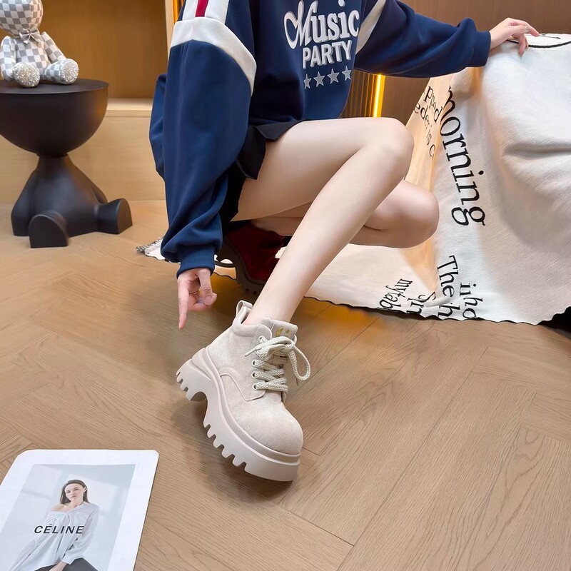 时尚百搭圆头厚底短筒靴子女2025秋季新款系带休闲轻便防滑马丁靴|undefined