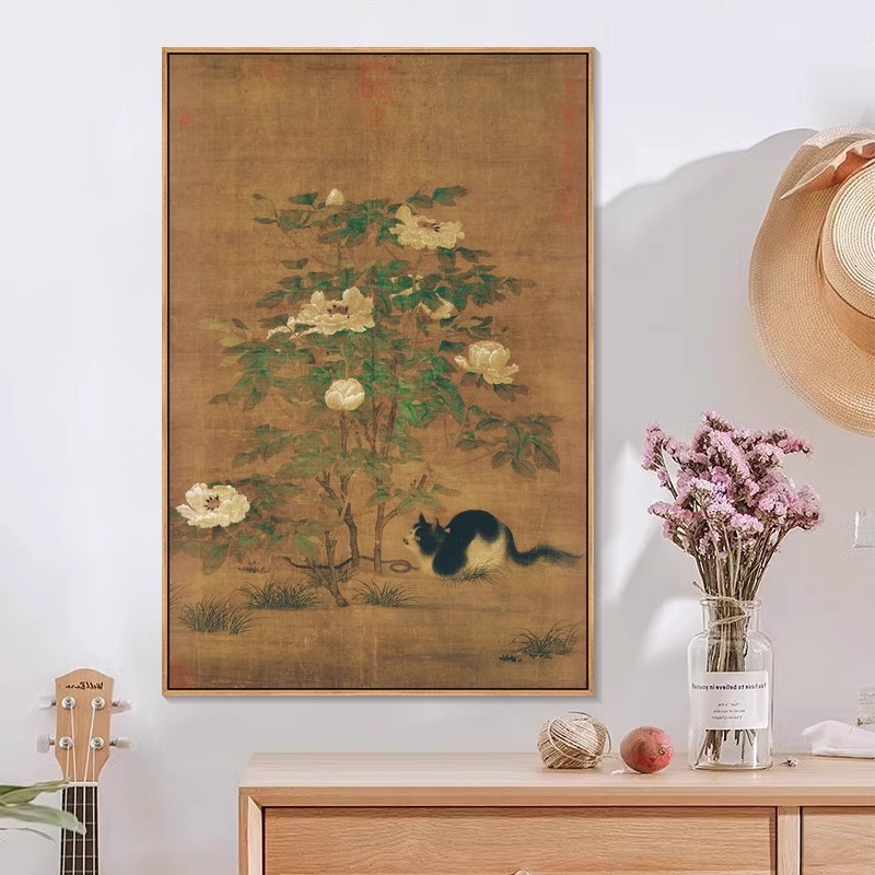 富と花のアライグマの絵画、中世スタイルの猫の装飾画、新しい中国風の書斎、茶室の壁画、レトロな玄関絵画|undefined