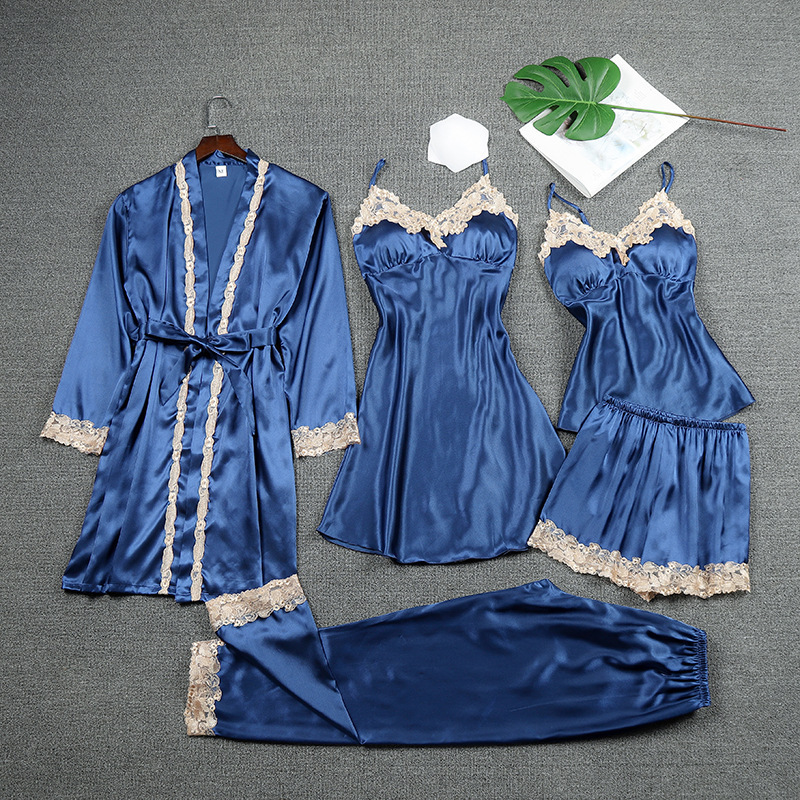 Ice Silk Pajamas Five-Piece Set Long-Sleeved Suspender Nightgown Nightgown with Breast Pad Large Size Home Clothes Can Be Worn Outside Sexy Summer