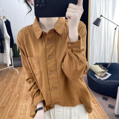 韓国版の女性用ダブルブレストコットンとリネンの長袖シャツ、春と秋の新しいポロカラートップ、ルーズデザインシャツ