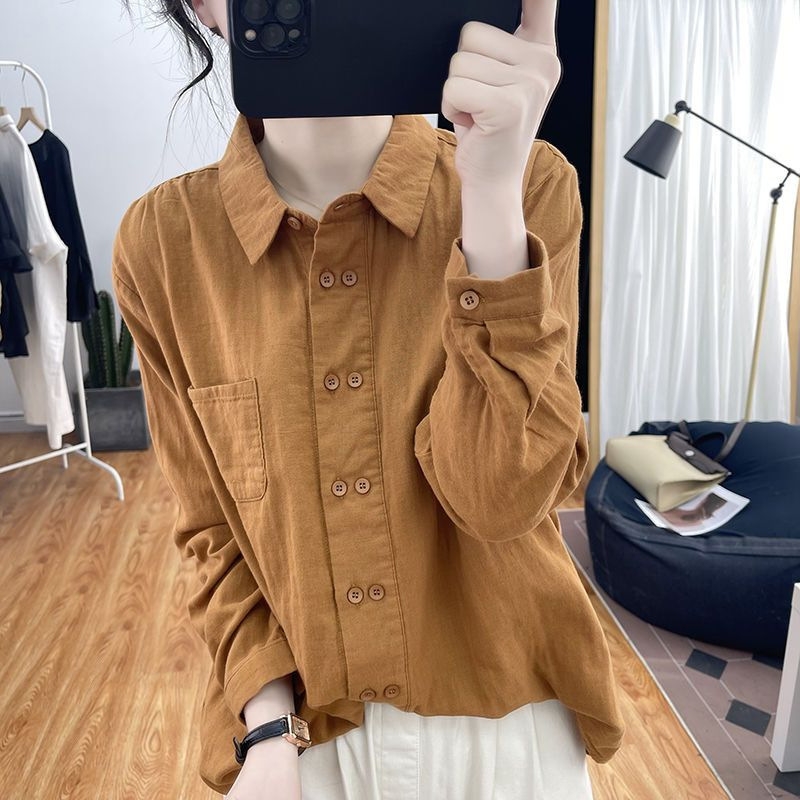 Korean Style Double-Breasted Cotton and Linen Long-Sleeved Shirt for Women Spring & Fall New Polo Collar Inner Top Loose Design Shirt