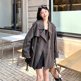 韩系慵懒风深灰色风衣外套女秋季宽松休闲系带收腰中长款气质大衣