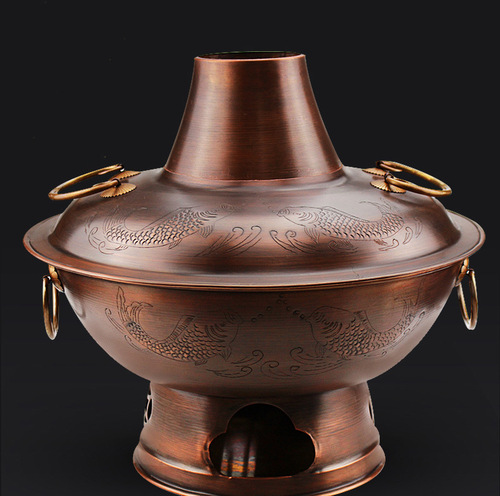 Pure Copper Hot Pot Handmade Wood Charcoal Dual-Mode Pot Old Beijing Home Use Pure Copper Carbon Hot Pot Commercial Lamb Hot Pot