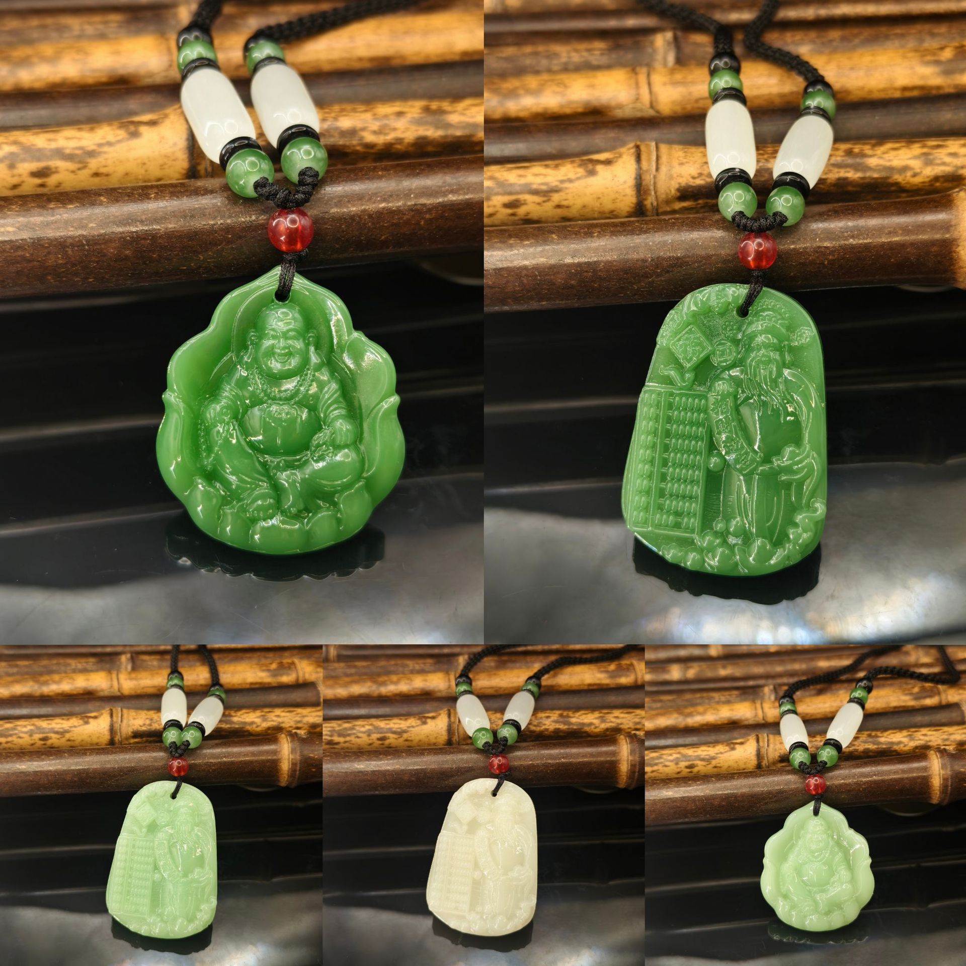 Imitation Hetian Jade God of Wealth Maitreya Buddha Glass Pendant Long Sweater Chain Versatile Necklace Pendant Wholesale from Manufacturer