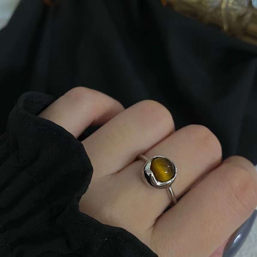 Anello portafortuna irregolare in argento S925 per ragazze con pietra occhi di tigre, stile di lusso leggero, stile INS alla moda personalizzato_voghion.com