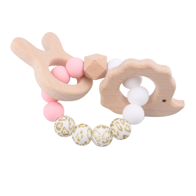 Nuevo bebé conejo bordado pulsera de goma de madera DIY bebé perlas de silicona juguetes de mordida de dientes varilla de molienda