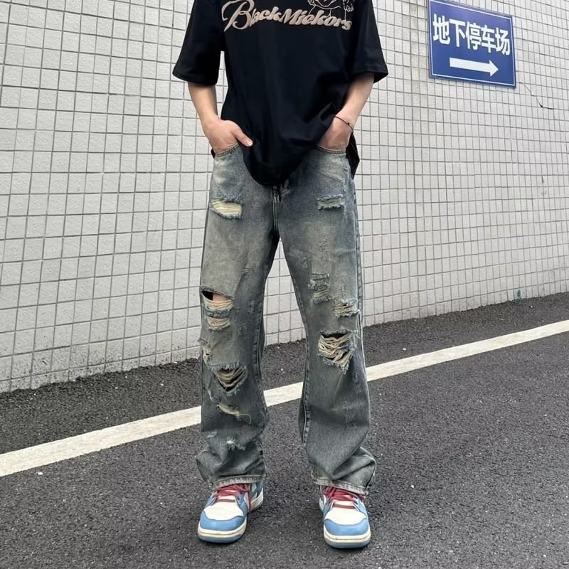 Vibe High Street Distressed Washed Ripped Hip-Hop Jeans Trendy Brand Ins Street Men and Women Loose Straight Casual Pants
