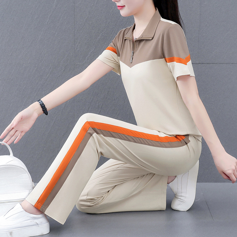 아이스 실크 반팔 스포츠 세트 여성 여름 2025 새로운 패션 서양식 스퀘어 댄스 의류 캐주얼 러닝 투피스 세트