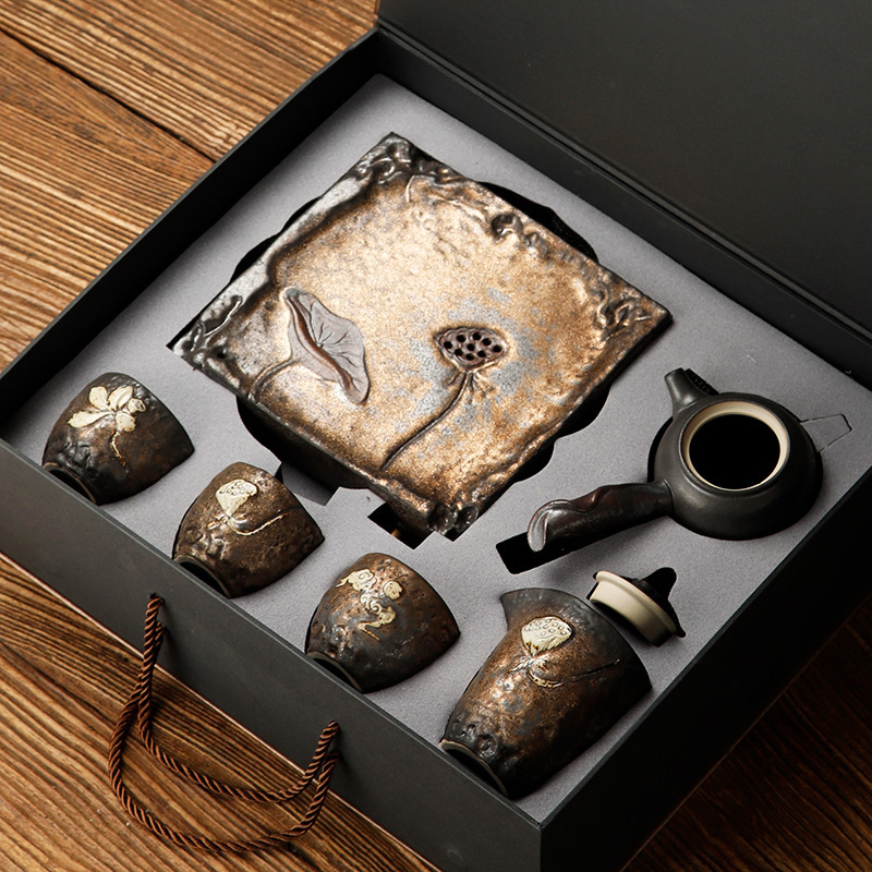 Stoneware tea set suit household small kung fu tea set tea Japanese ceramic teapot tea cup office gift box retro