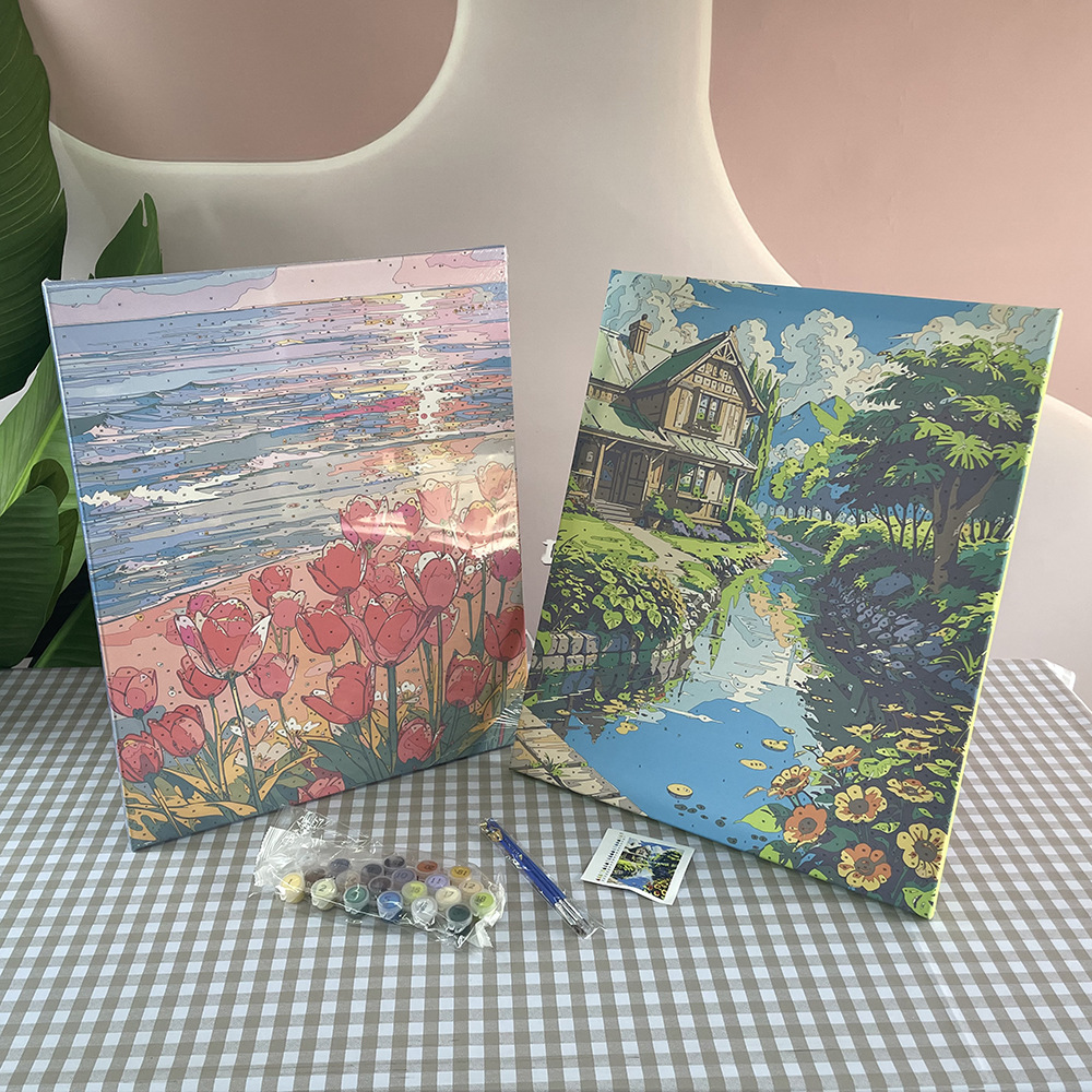 大号手工diy填色油画带框风景画系列室内墙壁挂件儿童益智玩具