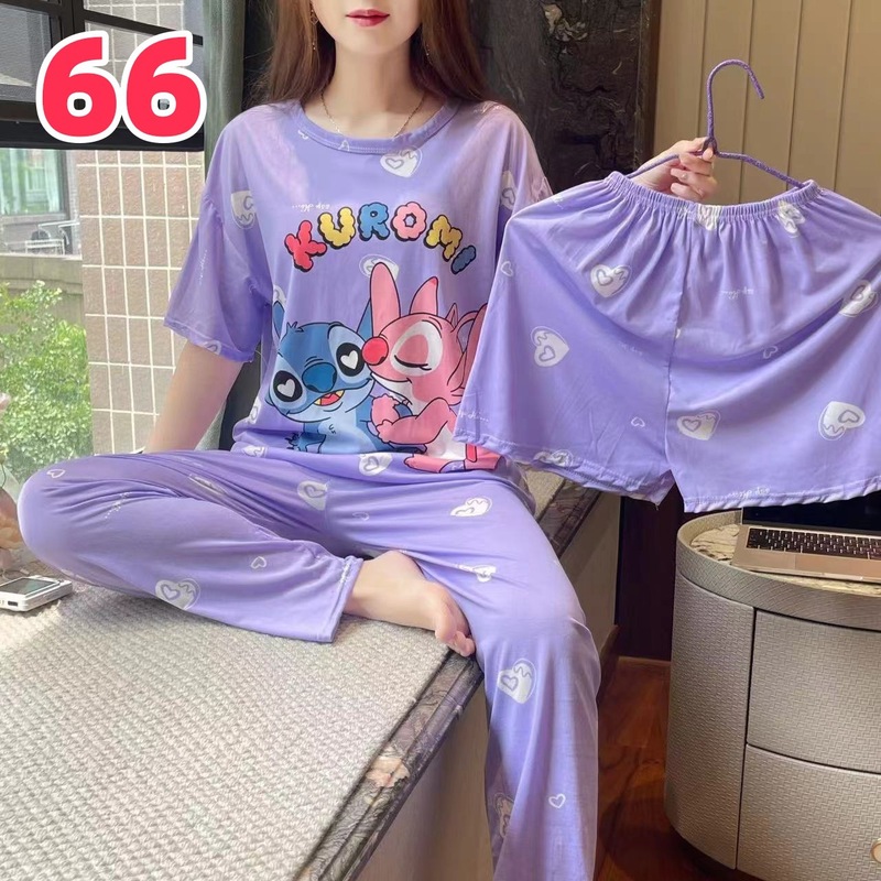 睡衣女夏季新款卡通三件套可爱简约休闲圆领家居服套装可外穿|undefined