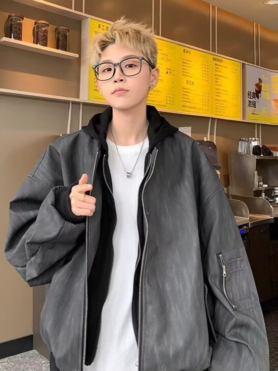 美式假两件外套男春秋季潮牌PU皮百搭纹理夹克复古高街痞帅上衣|undefined