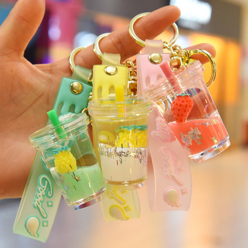 Creative Acrylic Oil Painting Fruit Milk Tea Cup Keychain for Men and Women, Car Bag Keychain Wholesale