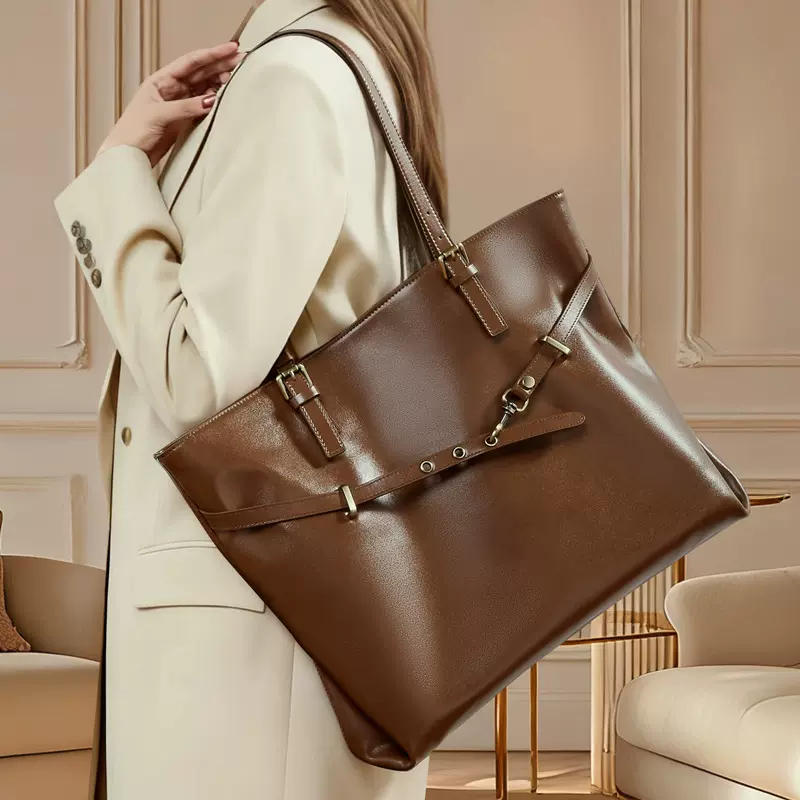 头层植鞣牛皮复古女包大容量单肩包2025新款流行简约通勤托特包