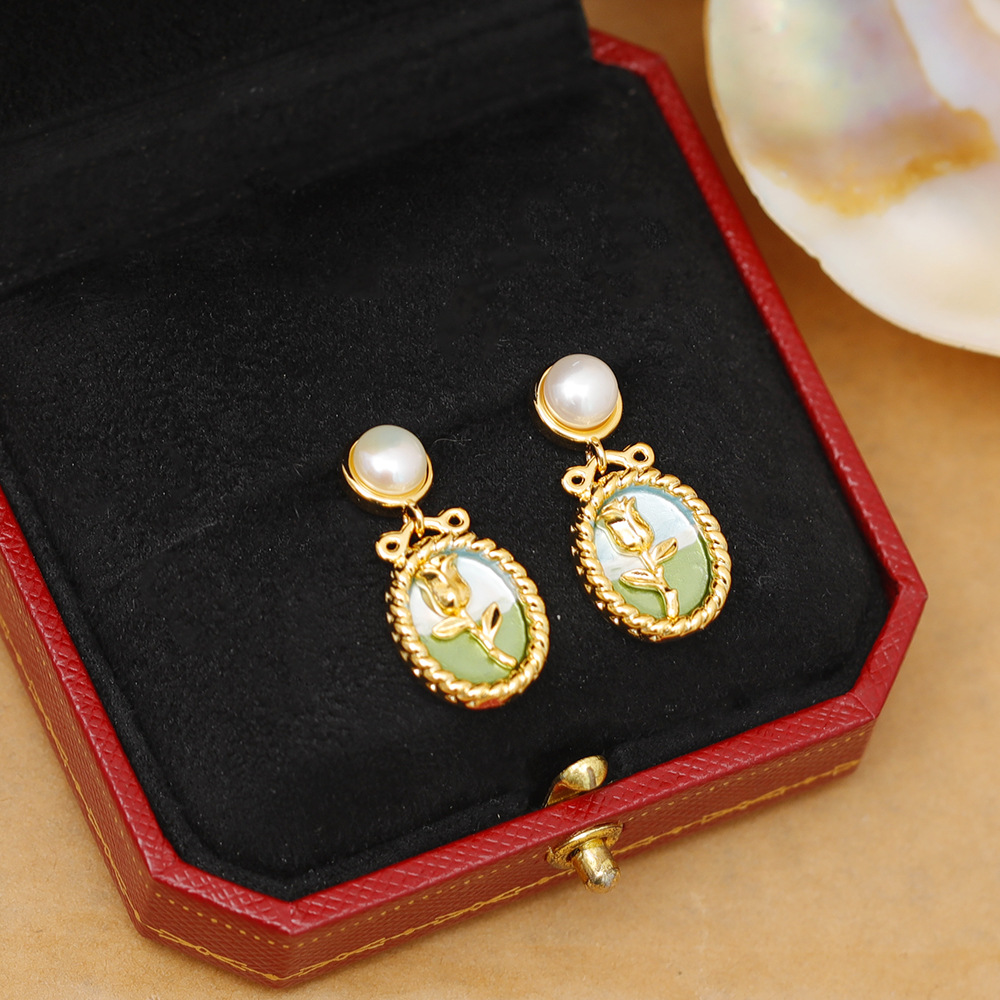 Vintage Style French Style Flower Copper Enamel Plating Freshwater Pearl Drop Earrings 1 Pair display picture 4