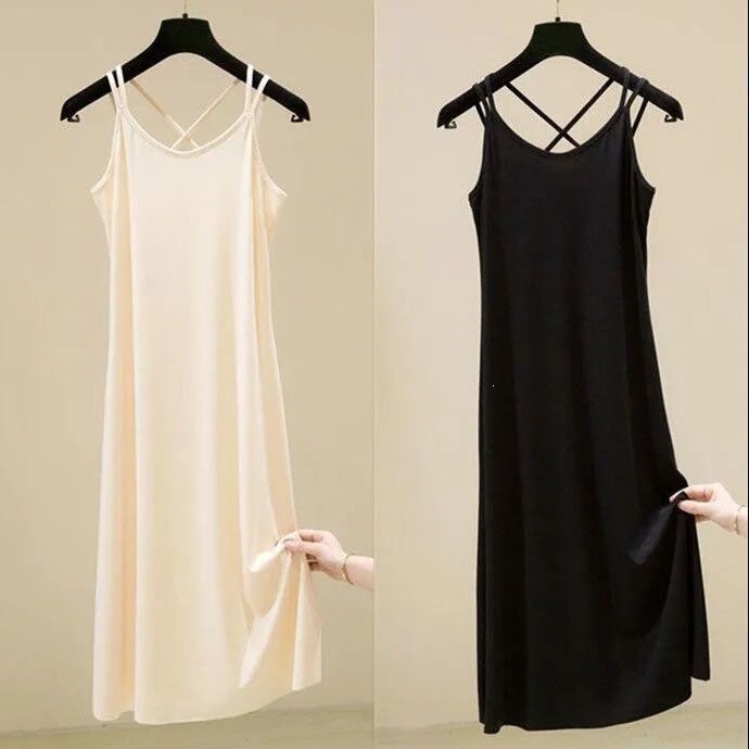 Ice Silk Ribbed Mid-Length Cross-Back Strap Dress for Women, Loose-Fitting Outerwear Camisole Nightgown