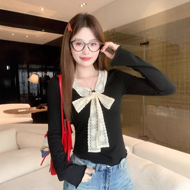 Lace Bow Tie Patchwork Long-Sleeve T-Shirt for Women 2026 Autumn and Winter New Chic Slim-Fit Base Layer Top Lace Bow Tie Patchwork Long-Sleeve T-Shirt for Women 2026 Autumn and Winter New Chic Slim-Fit Base Layer Top