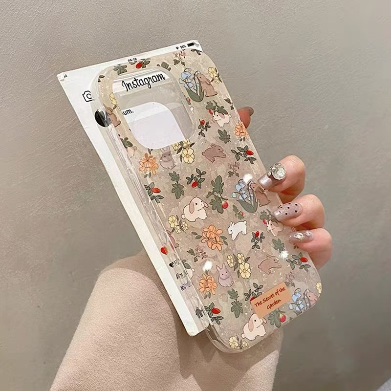 Retro nicho brillo floral conejo adecuado para Apple 15/16 nueva funda para teléfono móvil 14promax coreano 16pro