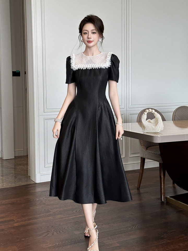 Váy maxi nữ thắt eo kiểu Hepburn thanh lịch, dáng xòe eo thon — Màu đen