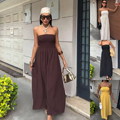 2025 Amazon Aliexpress New Summer Fashion Pure Color One-Line Collar Tube Top Waist Long Dress for Women