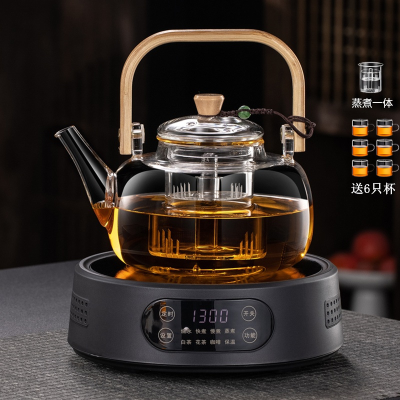 Transparent square handle kettle with double inner pots + teapot rope + 6 cups + T12 black electric ceramic stove