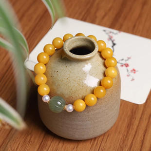 Natural Old Beeswax Bracelet Russian Chicken Oil Yellow Hetian Jade Carving Lotus Transfer Pearl National Style Bracelet Women's Gift