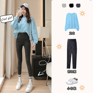 2021 New Kaka fleece-lined gray Denim Barbie pants autumn and winter outer wear tight high waist belly contracting leggings women's fashion