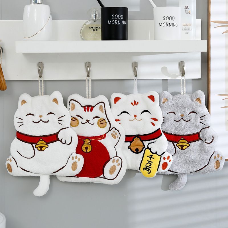 Coral Fleece Lucky Cat Hand Towel, Soft and Absorbent, Cute Embroidered Handkerchief, Thickened Quick-Dry Hanging Hand Towel, Wholesale