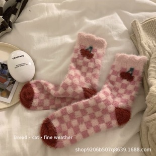 Autumn and winter mink velvet women's socks cherry checkerboard bow thickened floor socks Japanese cute sweet home tube